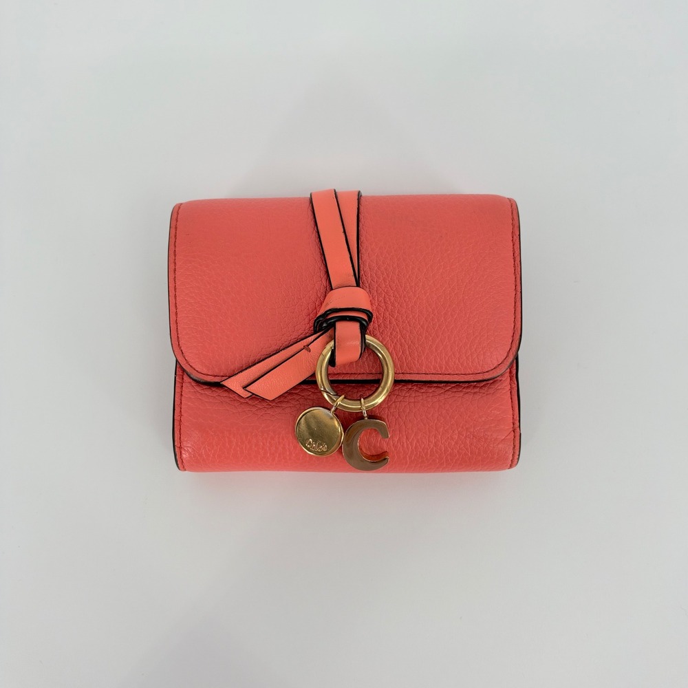 Chloe Alphabet Tri-Fold Wallet Coral Pink Calfskin Leather Gold Charm Feminine